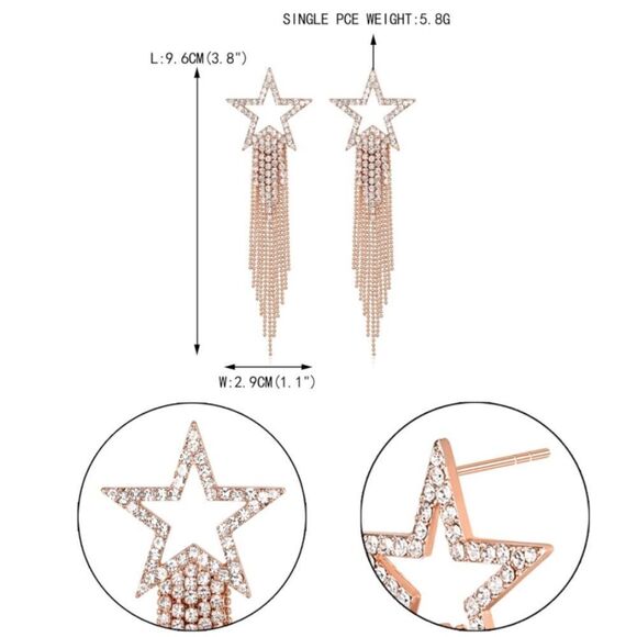 Rose Gold with White Diamond Crystal Star Beaded Tassel Post Back Drop Earrings - Picture 6 of 6